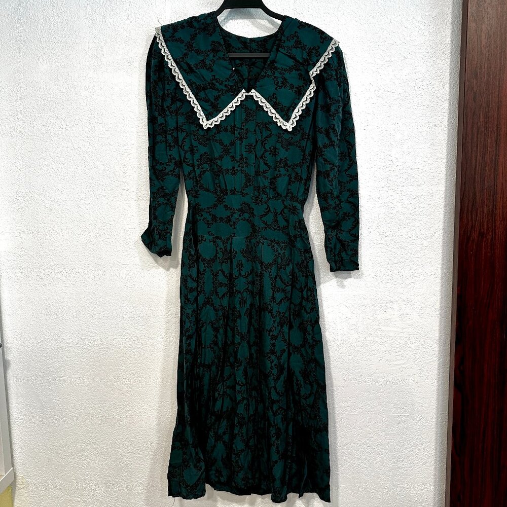 Vintage Gunne Sax Jessica McClintock Midi Dress Prairie Cottage Green Black SZ 5
